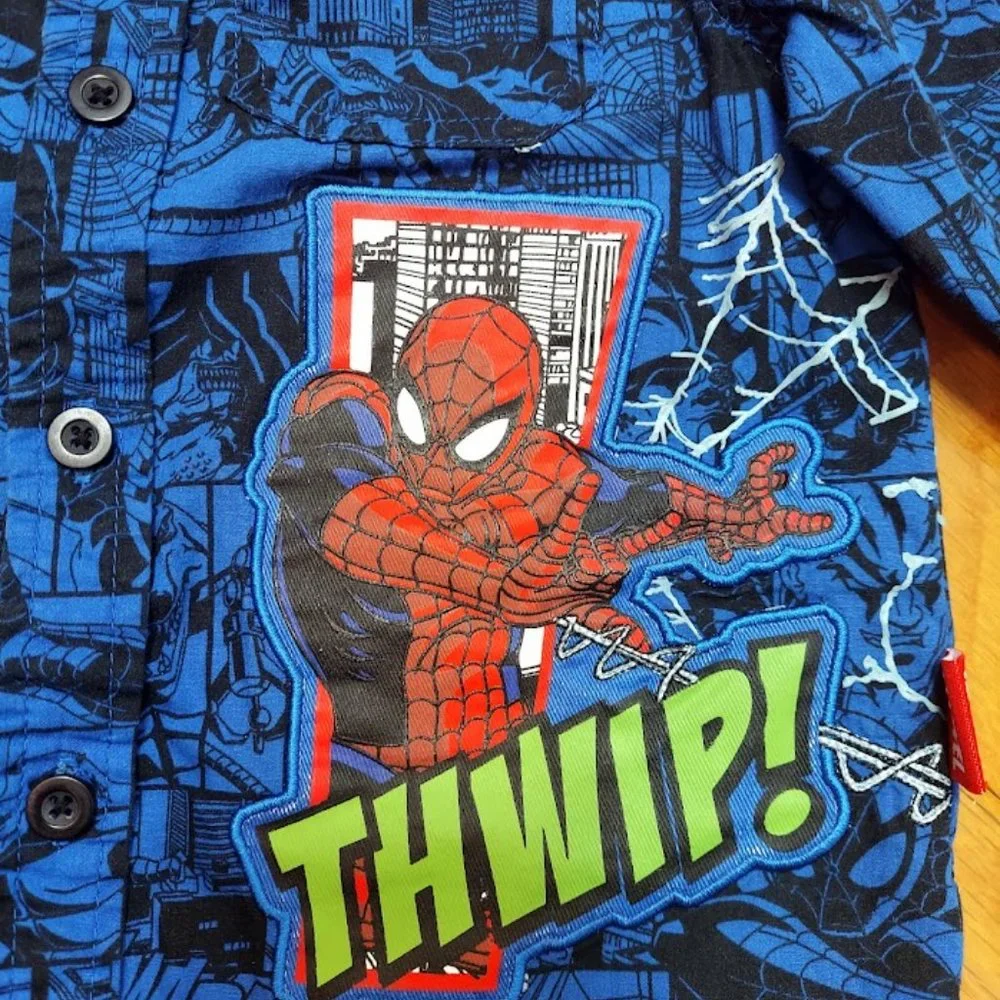 DISNEY STORE MARVEL Boys 4 LONG SLEEVED SHIRT SPIDERMAN Embroidered‎ BLUE Button